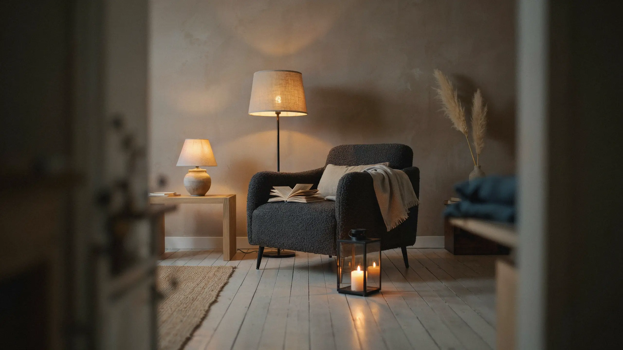 A dark gray boucle armchair with an open book sits in a cozy reading nook, featuring warm, layered lighting from a tall floor lamp, a ceramic bedside lamp, and a glowing candle lantern on the wooden floor.