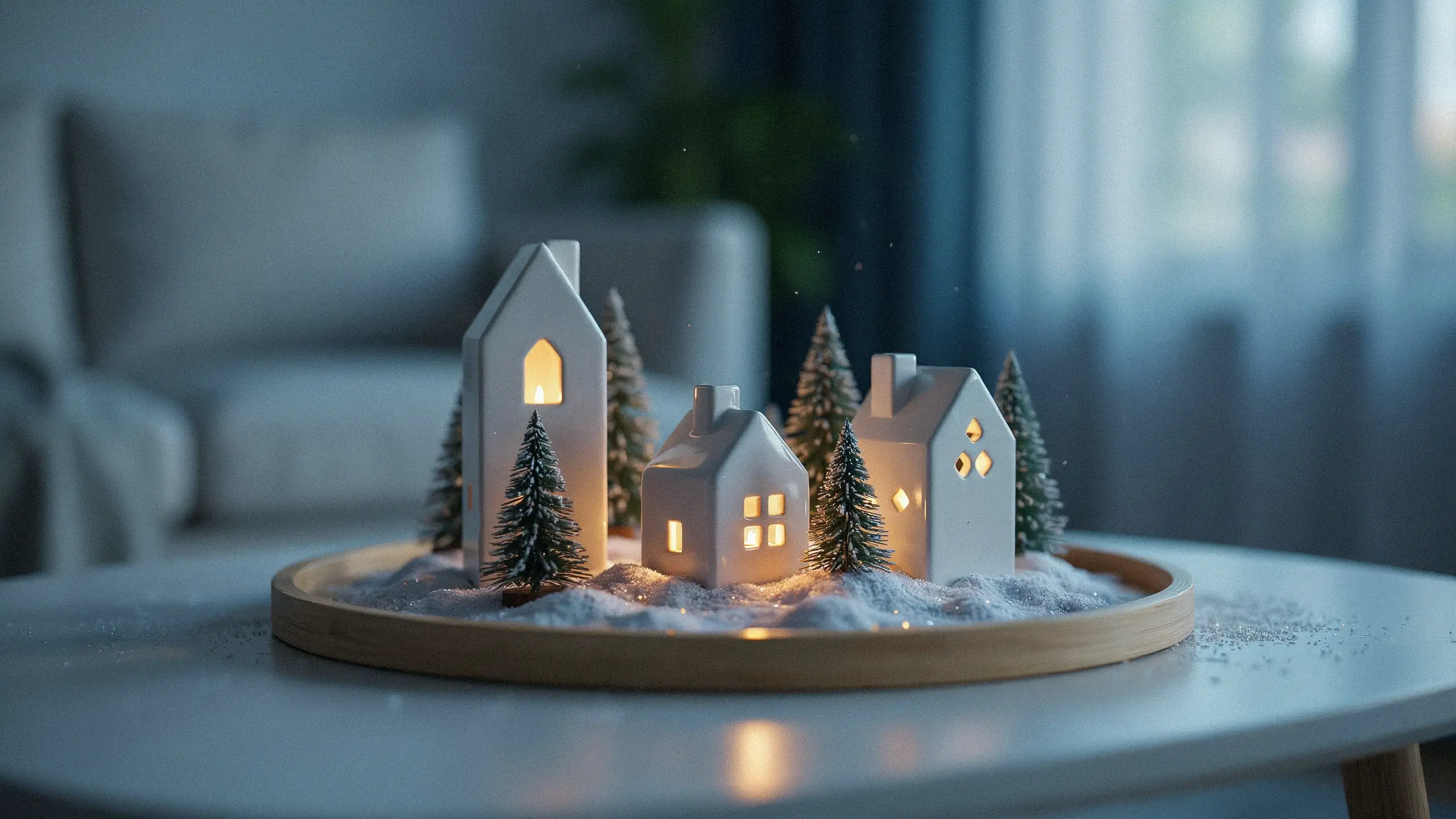 Minimalist white ceramic winter village with warm glowing windows and snow-dusted pine trees on a wooden tray.