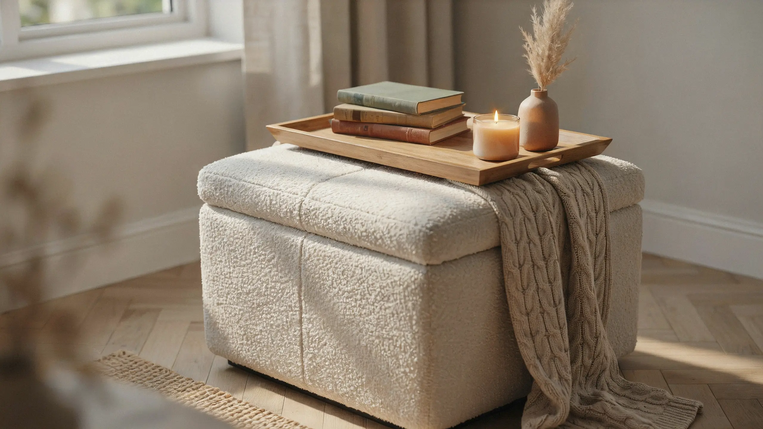 Cream boucle square storage ottoman with a wooden tray, stacked vintage books, lit candle, and a beige knit throw in a cozy sunlit living room.