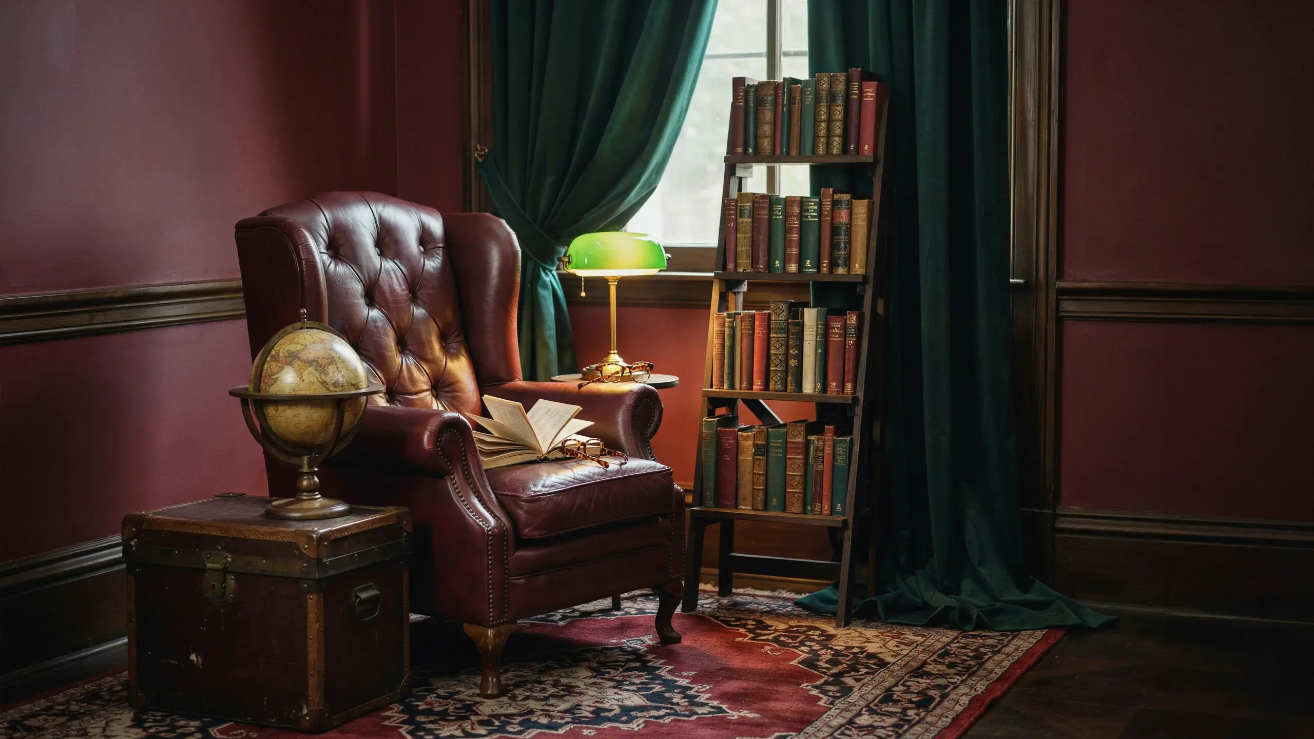 A cozy dark academia gentleman's library featuring a tufted burgundy leather wingback armchair with an open vintage book and reading glasses, a globe resting on a weathered wooden trunk, and a leaning ladder shelf filled with antique hardcover books, illuminated by a retro green banker's lamp.