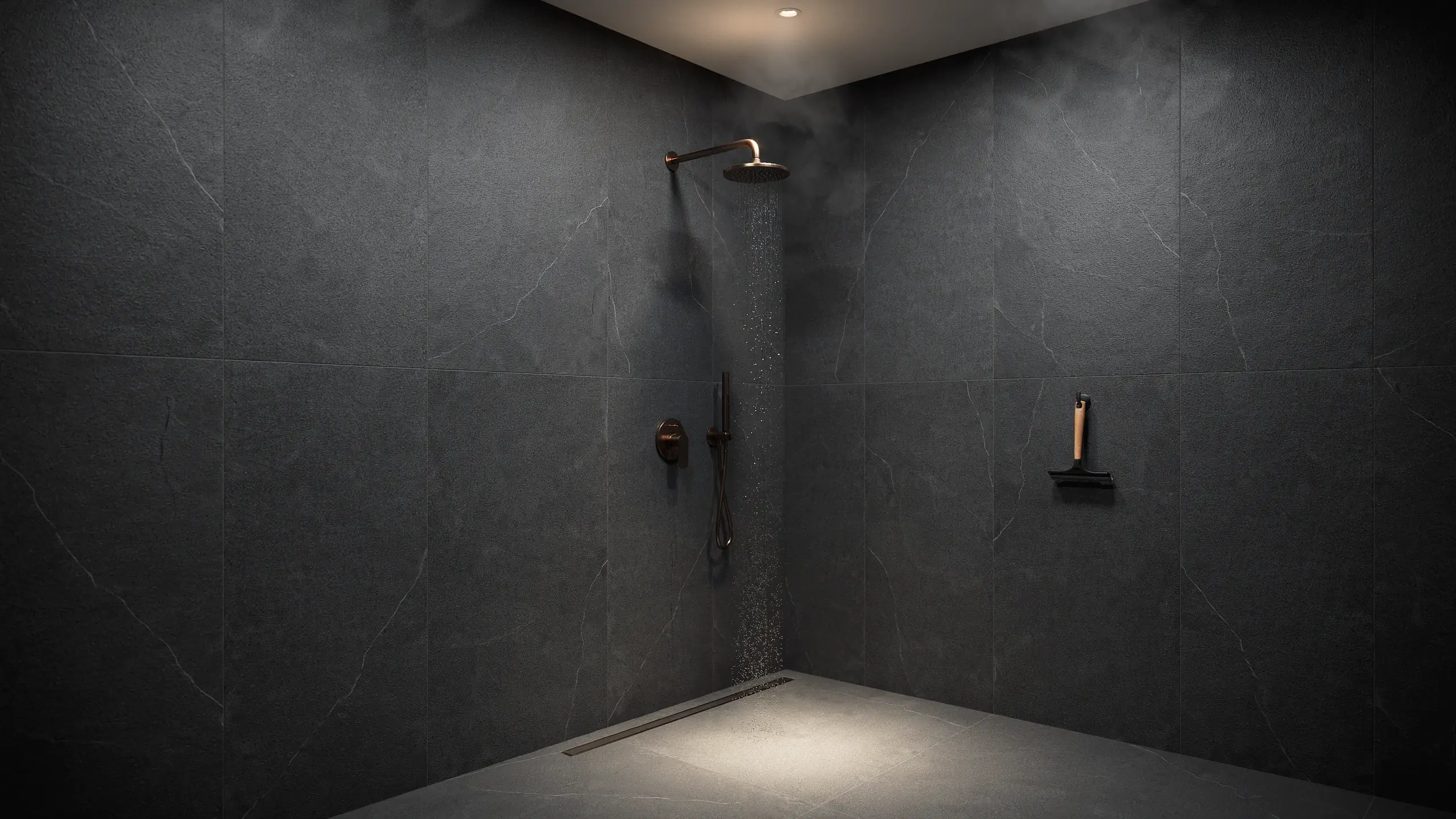 A moody, modern walk-in shower clad in large-format dark charcoal and slate stone tiles, featuring a matte black ceiling-mounted rain showerhead, handheld spray wand, and a contrasting wooden squeegee.