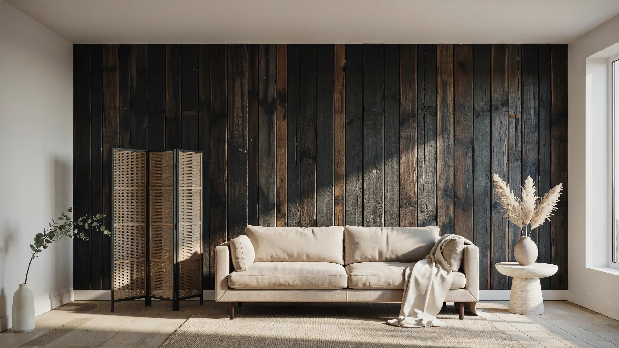 A modern rustic living room interior featuring a dark, vertical wood plank accent wall, a beige linen sofa with a draped throw blanket, and a woven natural rattan folding screen next to a sculptural stone side table.