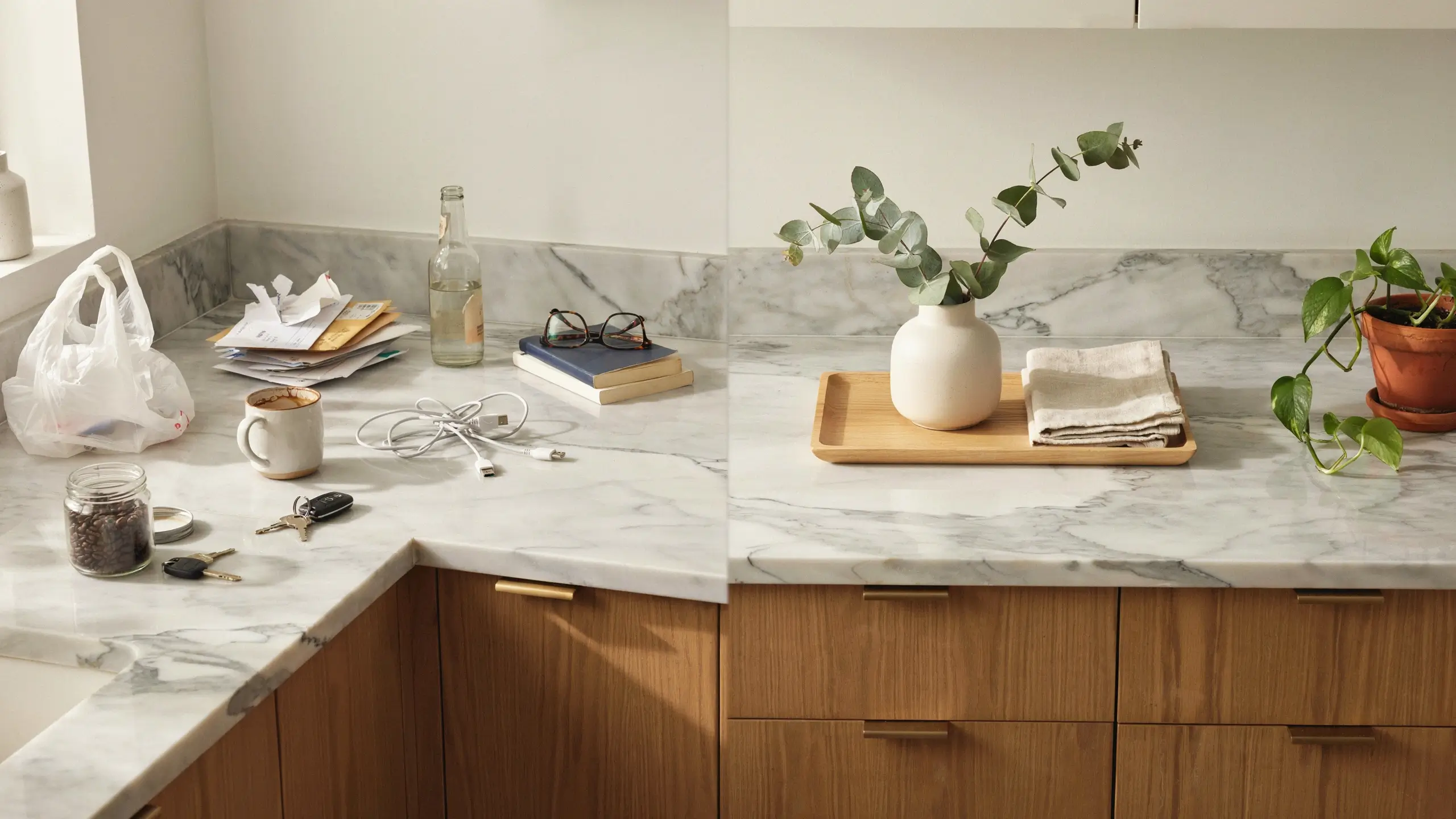  split-view of a marble kitchen countertop showing the before and after of the "declutter before buying" rule: on the left, a chaotic surface with a plastic bag, loose keys, tangled charging cords, and a coffee mug; on the right, an organized wooden tray displaying a minimalist white vase with eucalyptus, folded linen napkins, and a potted pothos plant.