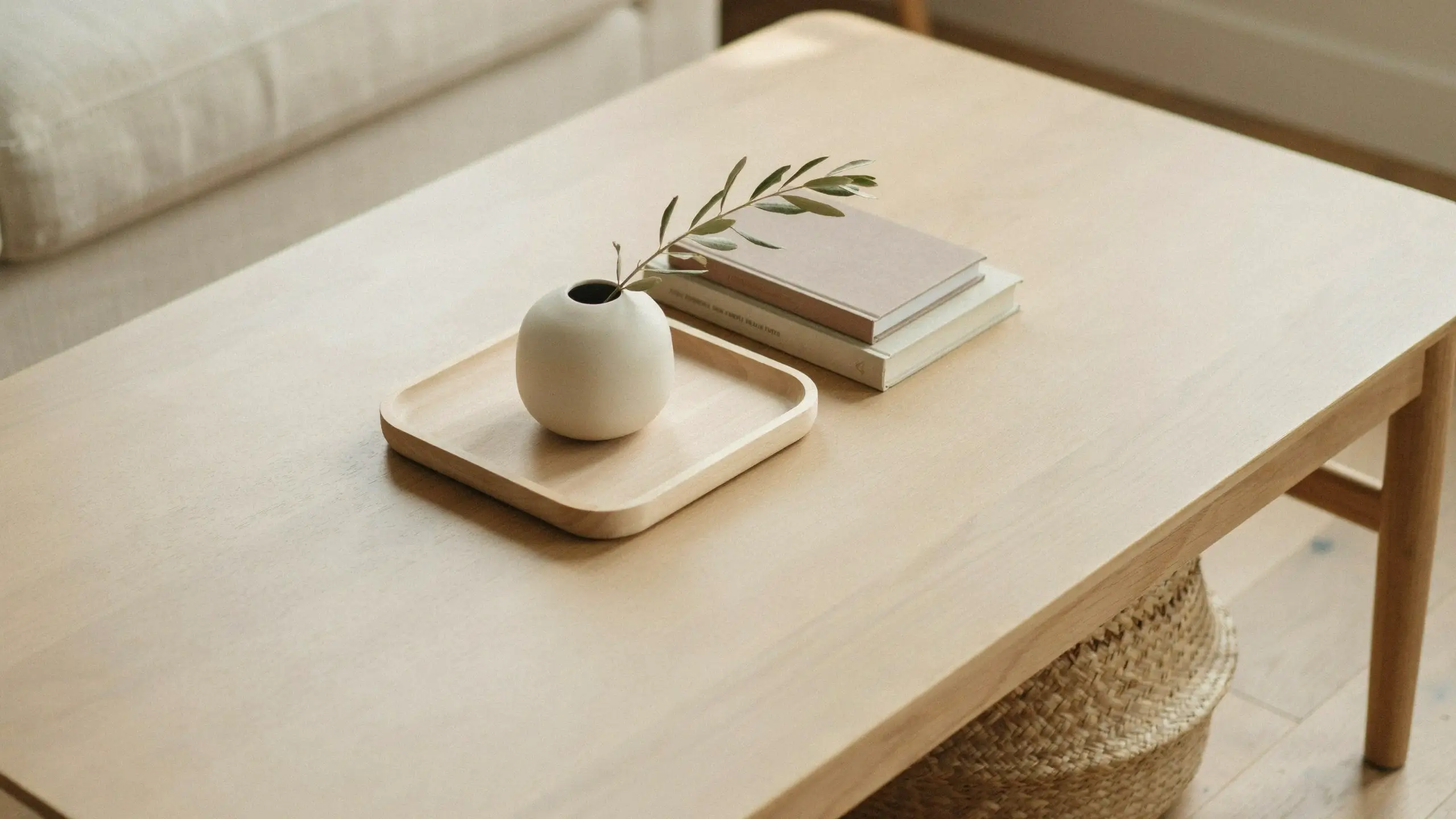 Minimalist light wood coffee table cleared down to essentials, featuring a white spherical vase, olive branch, and two stacked hardcover books in a neutral living room.