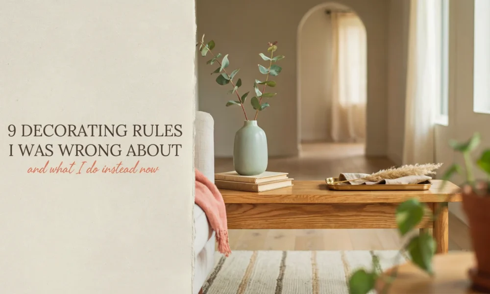 A bright, minimalist living room featuring a wooden coffee table styled with a sage green vase holding eucalyptus, a stack of books, and a wooden tray with dried grass. A white sofa with a pink throw blanket sits beside a white wall with text overlay reading '9 Decorating Rules I Was Wrong About', serving as a cover image for an interior design blog post.
