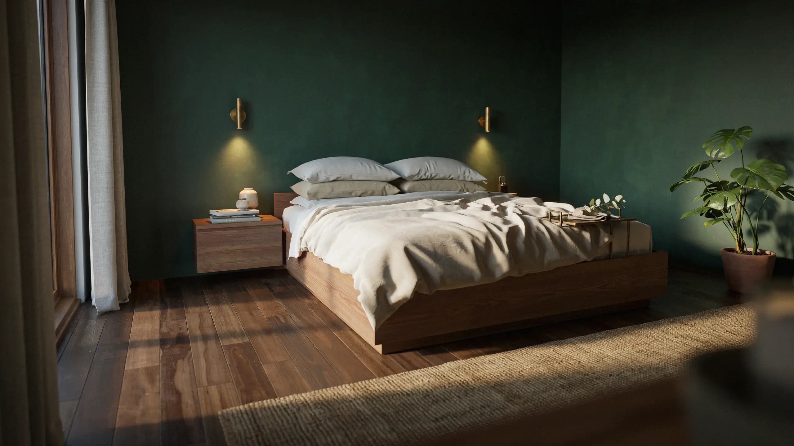 Organic modern bedroom interior featuring deep forest green accent walls, a wooden platform bed with layered white linen bedding, and brass wall sconces.