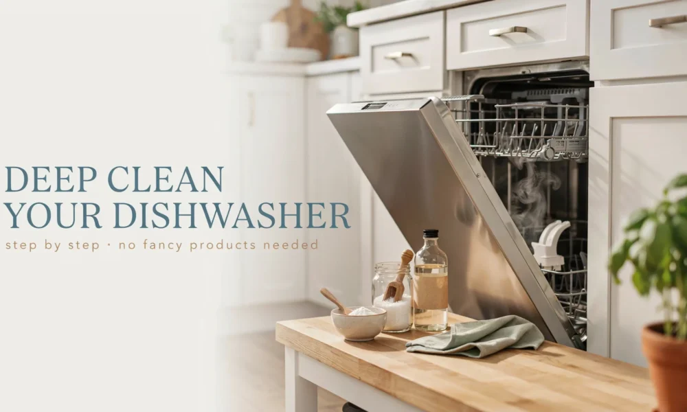 DeepClean dishwasher cleaning guide showing a step-by-step process for a bright, modern kitchen without fancy products.