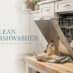 DeepClean dishwasher cleaning guide showing a step-by-step process for a bright, modern kitchen without fancy products.
