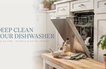 DeepClean dishwasher cleaning guide showing a step-by-step process for a bright, modern kitchen without fancy products.