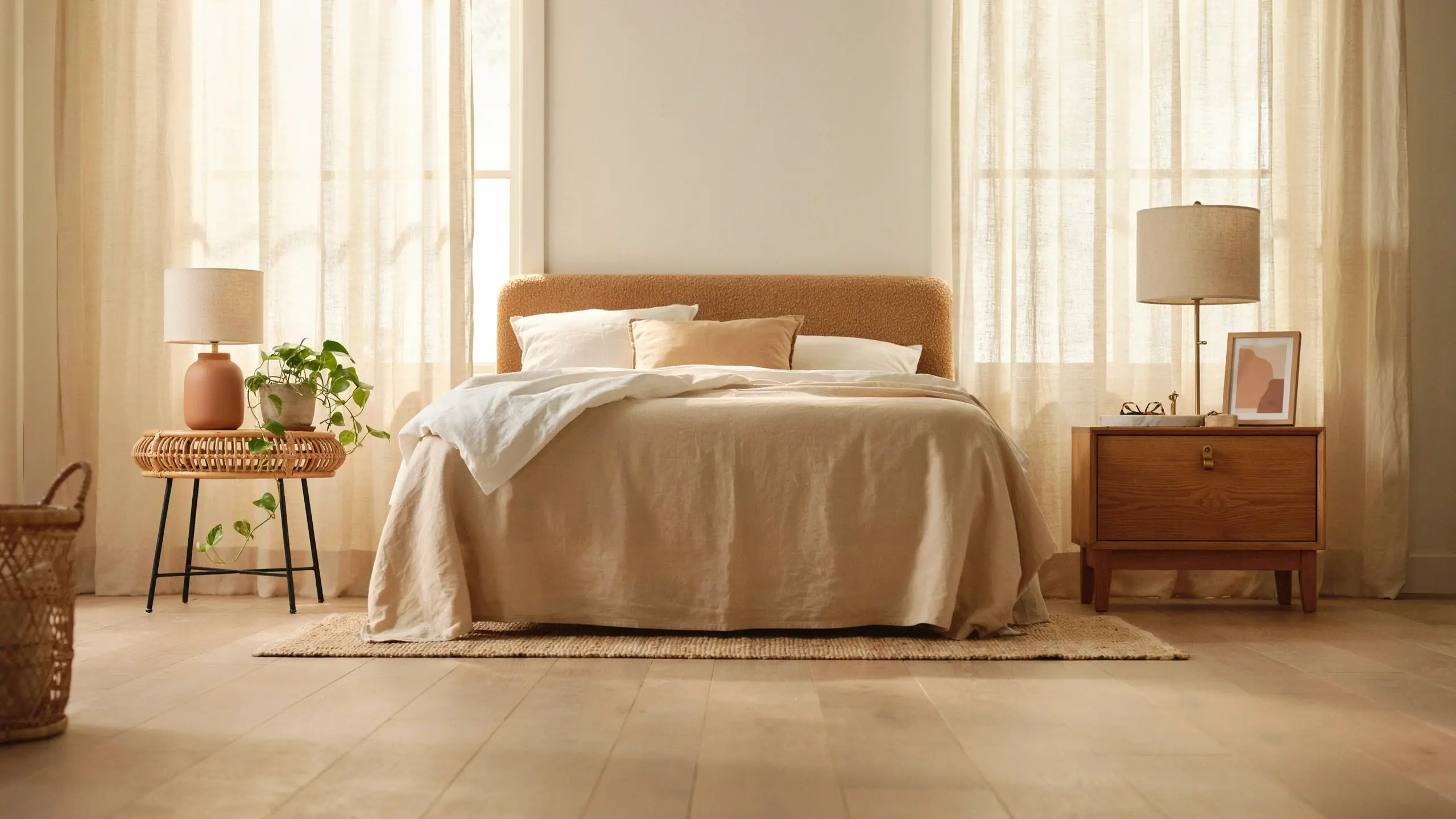 Airy bedroom with beige linen bed, wicker side table with plant, and a deliberately mismatched wooden crate nightstand holding a lamp. 