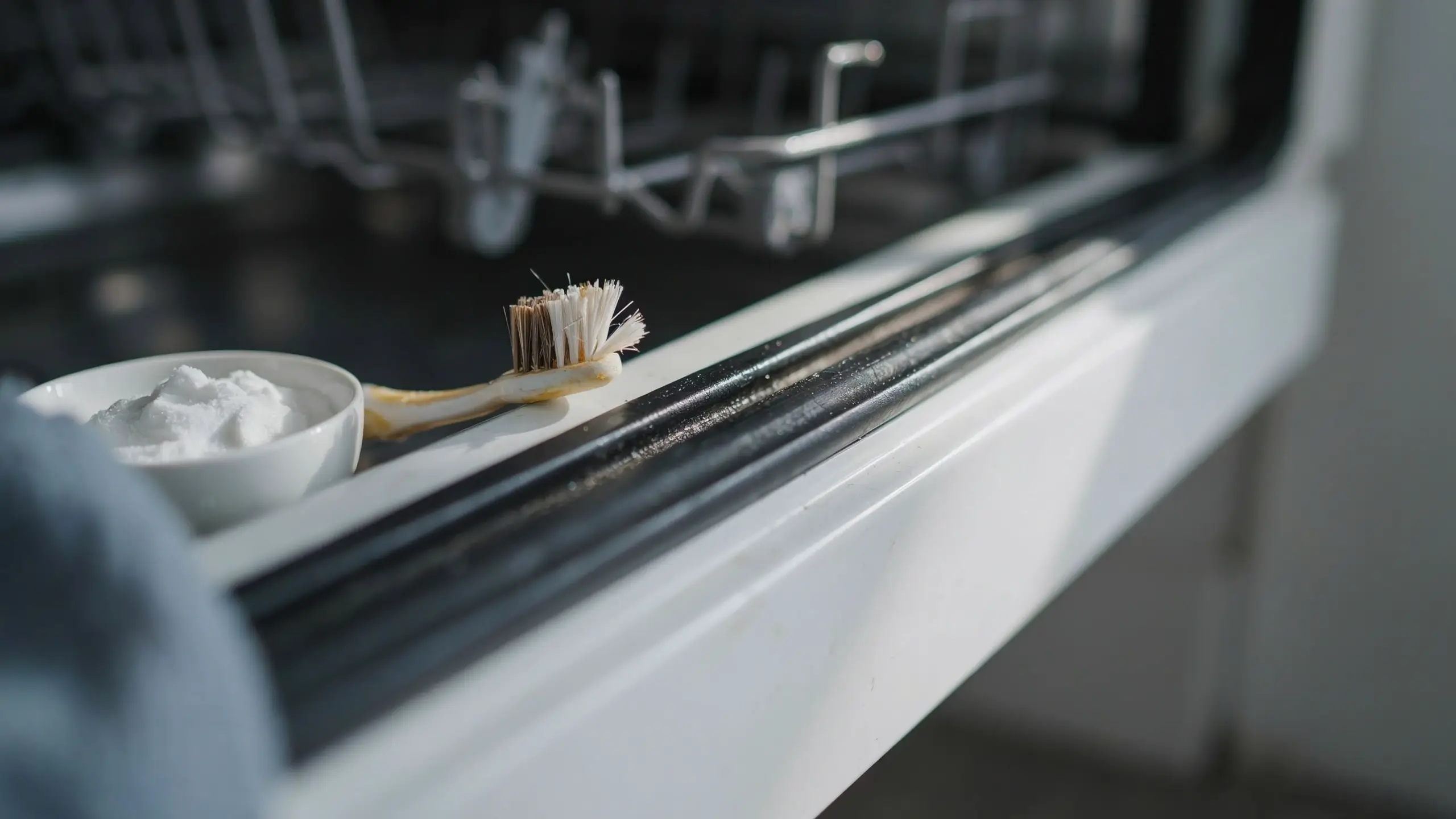 Close-up of a toothbrush resting on a white rubber dishwasher door seal next to a small bowl of white cleaning powder for appliance maintenance
