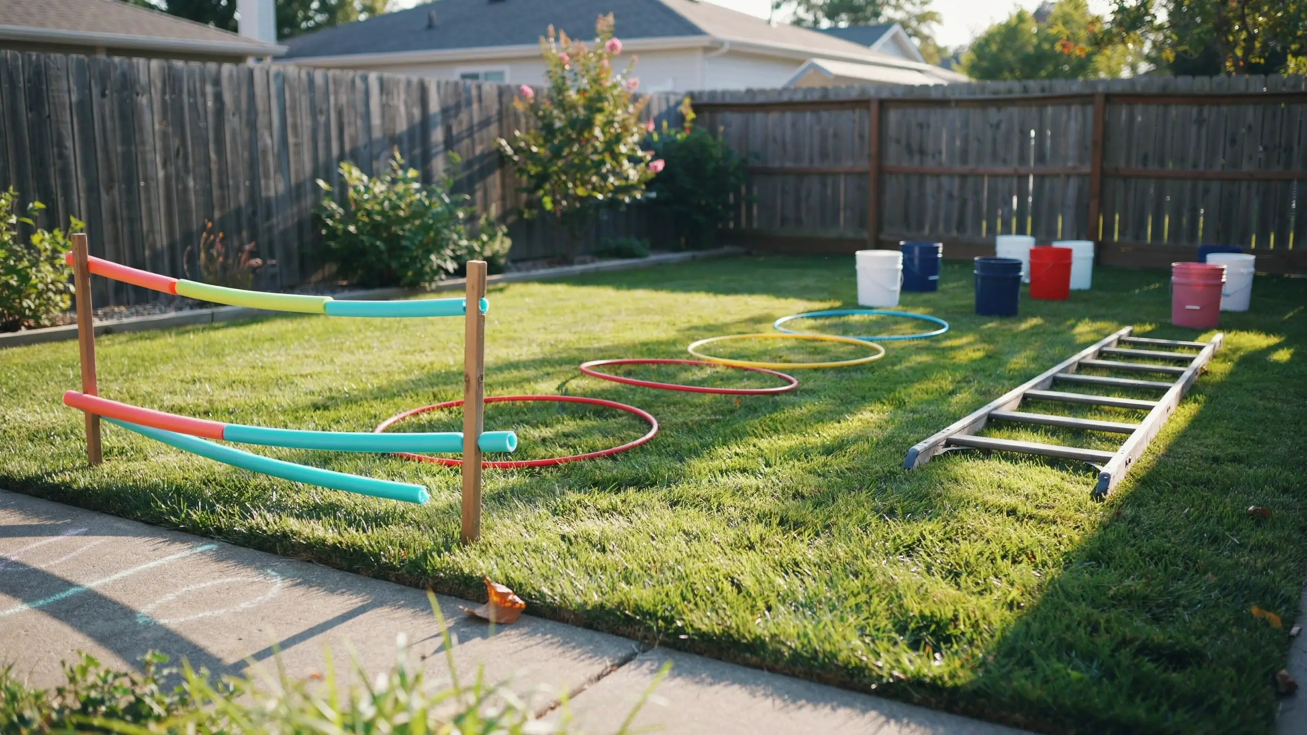 DIY backyard obstacle course setup on a green lawn, featuring wooden posts with colorful pool noodles, red stepping hula hoops, a silver ladder for crawling, and plastic buckets for ring toss, situated against a wooden privacy fence.