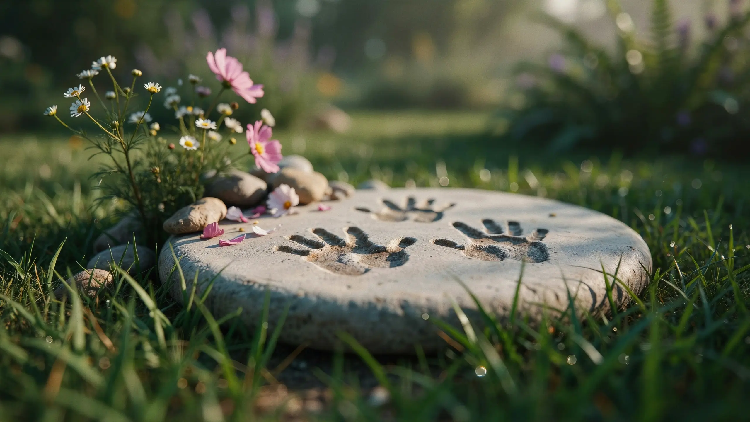 A round concrete DIY garden stepping stone featuring deep, permanent imprints of small children's hands, lying flat in lush green grass surrounded by smooth river pebbles and delicate pink cosmos flowers under soft outdoor sunlight. 