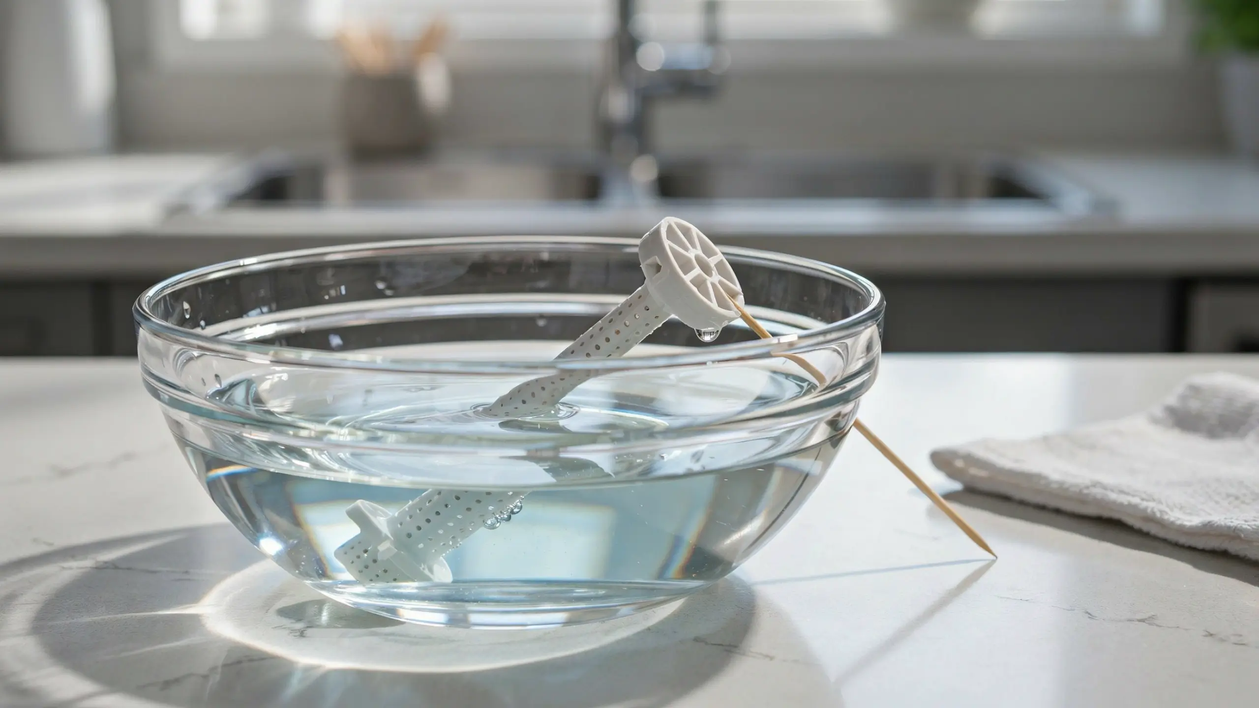 White dishwasher spray arm soaking in a clear glass bowl of water, propped up on a wooden skewer to loosen mineral deposits and unclog spray jets.