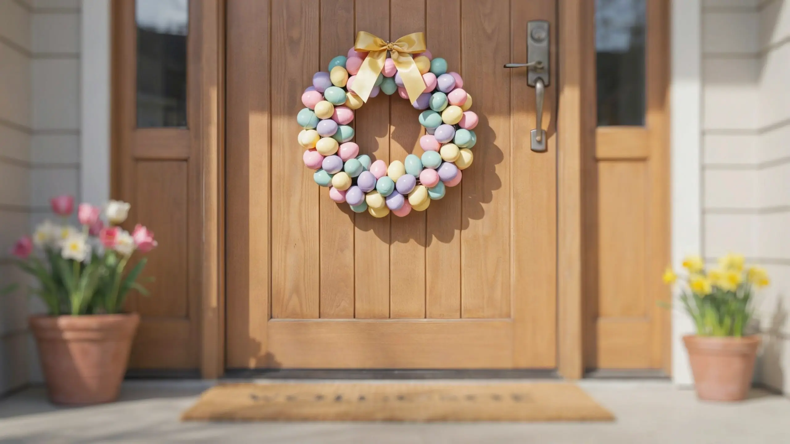 A budget-friendly DIY Dollar Tree Easter egg wreath in pastel colors with a gold bow hanging on a light wooden front door with potted spring tulips.