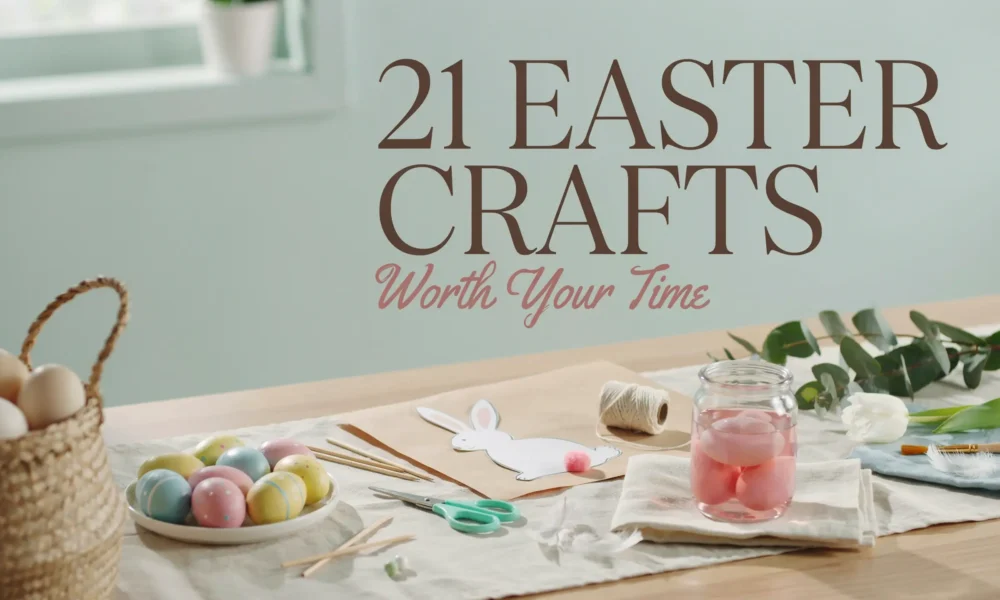 Pastel dyed Easter eggs, a white paper bunny cutout with a pink cotton tail, and a glass jar of pink eggs arranged on a wooden table with scissors and twine for a spring DIY craft session.
