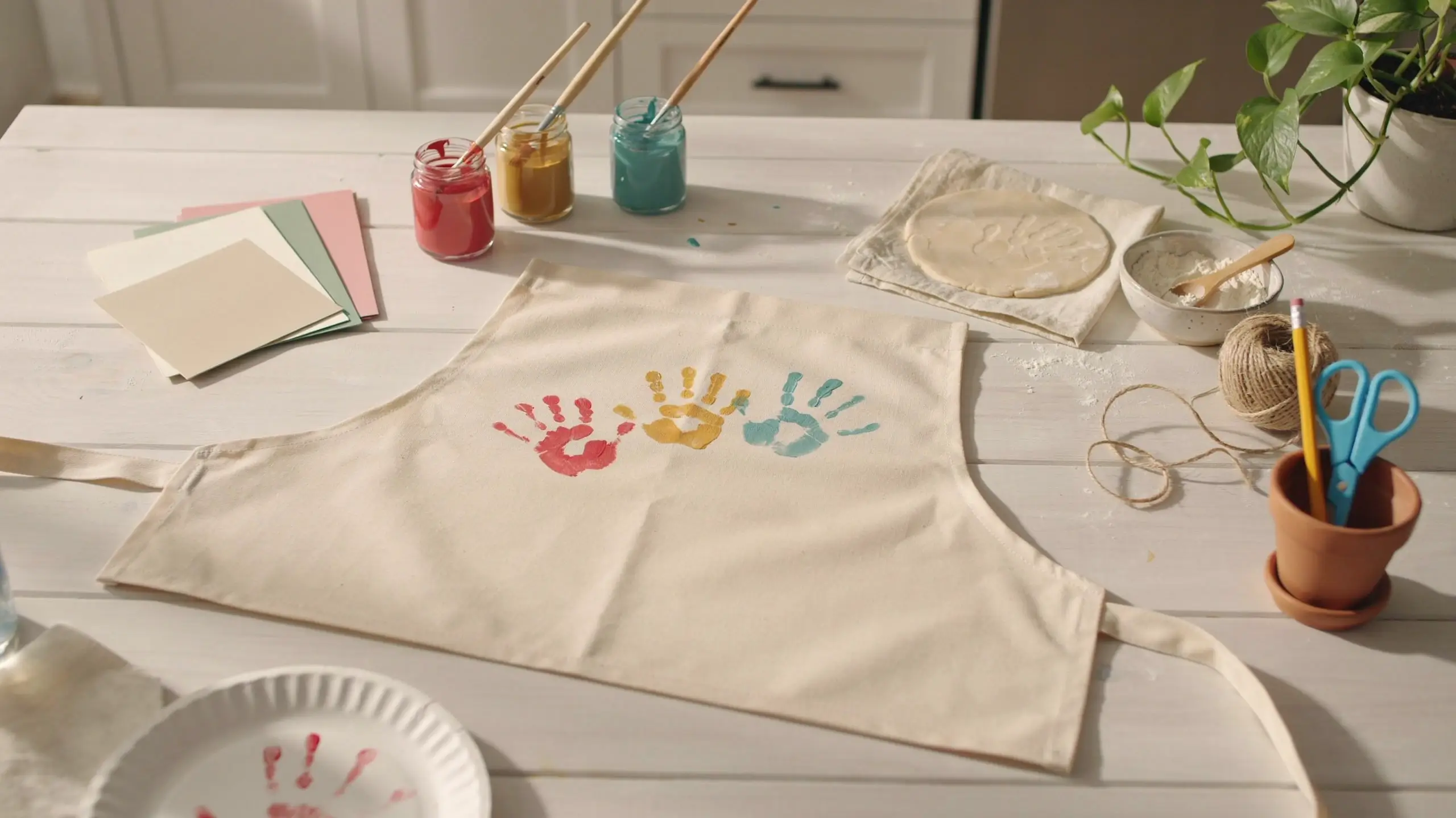 DIY handprint craft apron for grandpa's Father's Day gift, featuring red, yellow, and blue painted handprints, surrounded by paint jars, dough, and craft supplies on a white wooden table. 