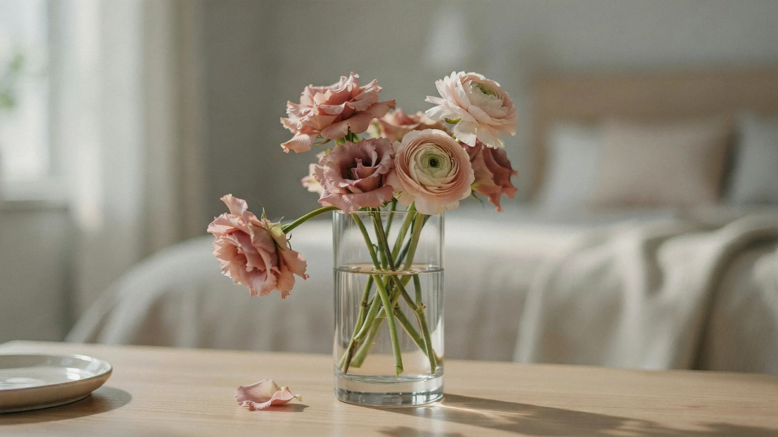 A minimalist arrangement of pale pink ranunculus and rose stems in a clear, fluted glass vase filled with water, placed on a wooden table in a soft, sunlit bedroom with a blurred white bed and linen pillows in the background.