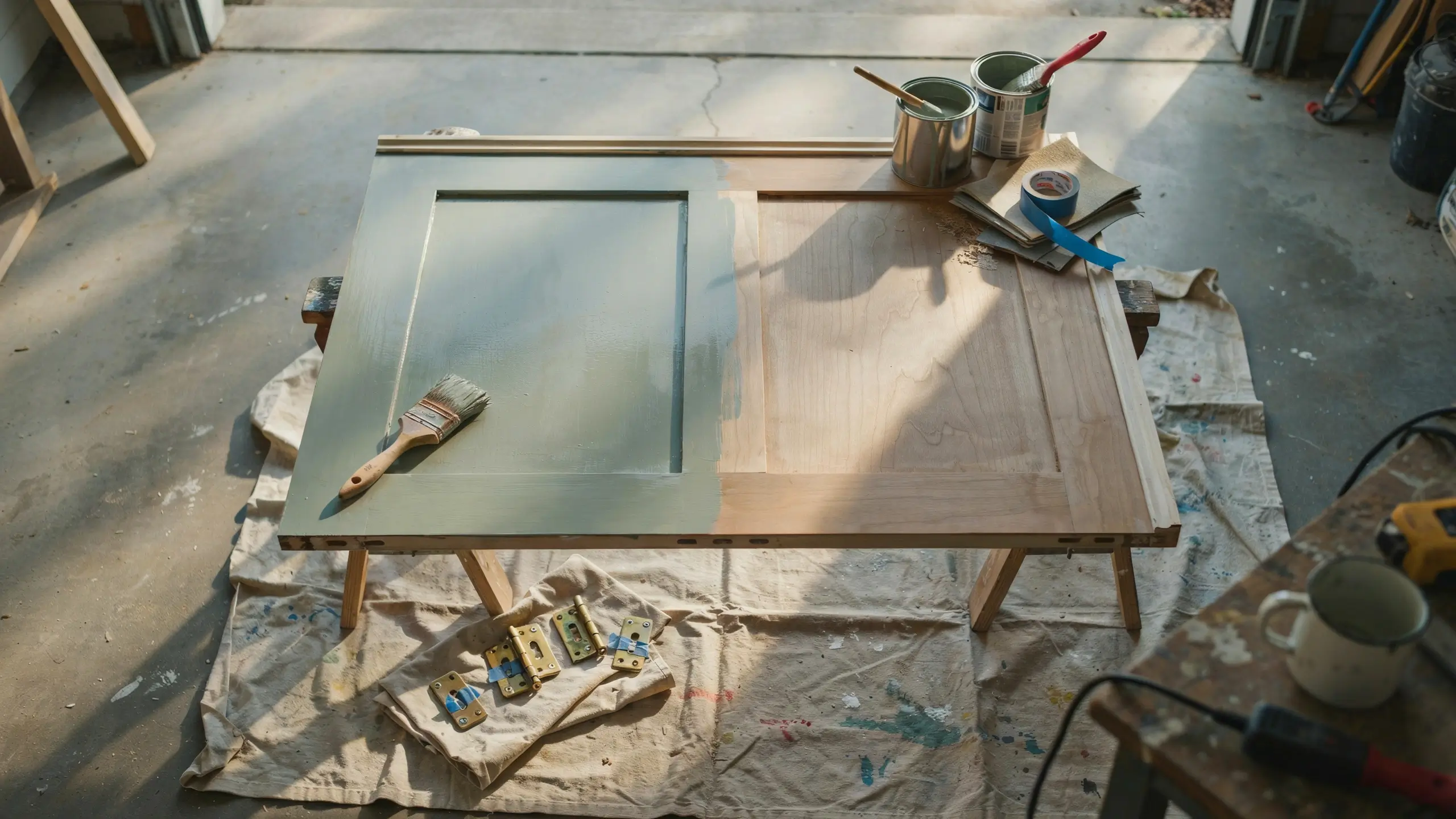 Wooden interior door panel being painted sage green using a wide brush, resting on sawhorses over a drop cloth, with paint cans and brass hinges nearby in a garage workshop.