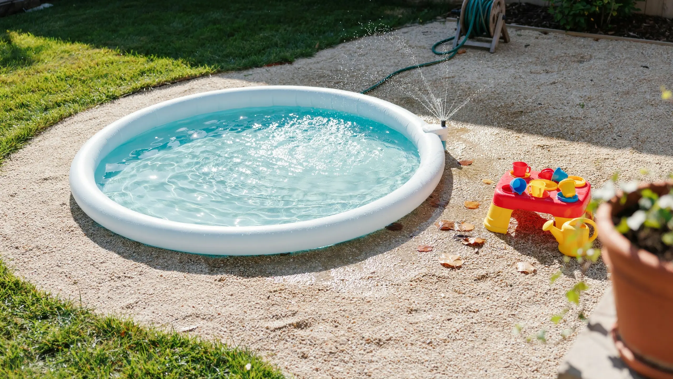 A white inflatable kiddie pool with a sprinkler attachment on a sunny gravel patio, surrounded by a red toddler water table and a yellow watering can.