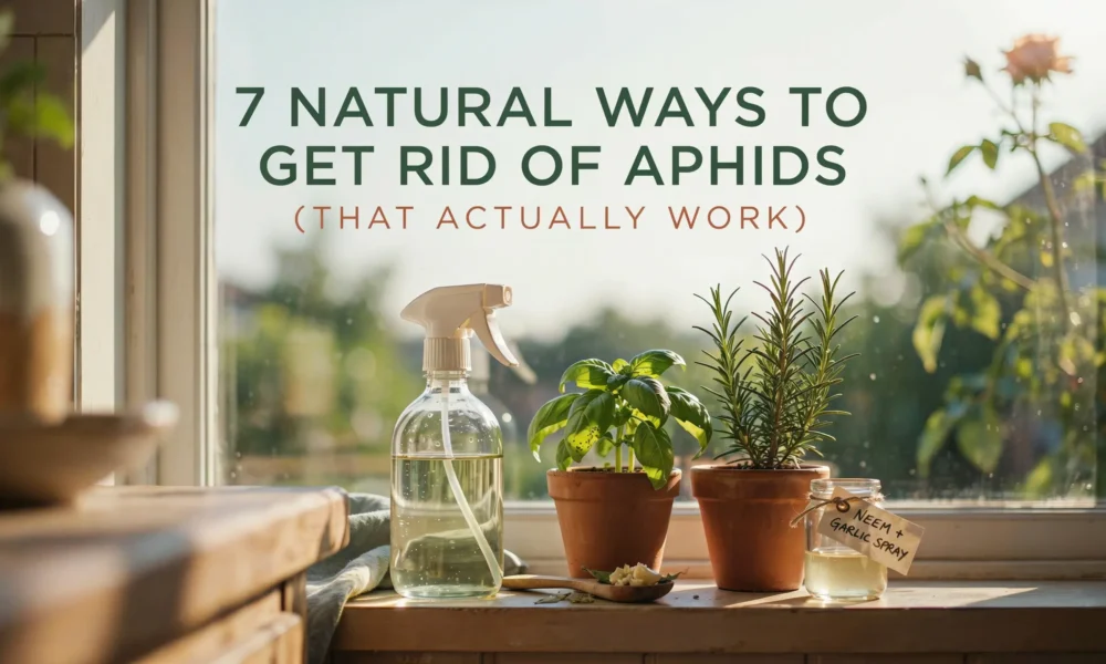 Homemade natural aphid remedy setup on a sunny windowsill with a glass spray bottle, a jar of neem and garlic spray, minced garlic, and potted basil and rosemary plants used for organic pest control.