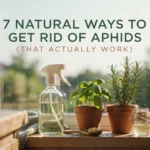 Homemade natural aphid remedy setup on a sunny windowsill with a glass spray bottle, a jar of neem and garlic spray, minced garlic, and potted basil and rosemary plants used for organic pest control.