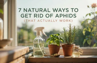 Homemade natural aphid remedy setup on a sunny windowsill with a glass spray bottle, a jar of neem and garlic spray, minced garlic, and potted basil and rosemary plants used for organic pest control.