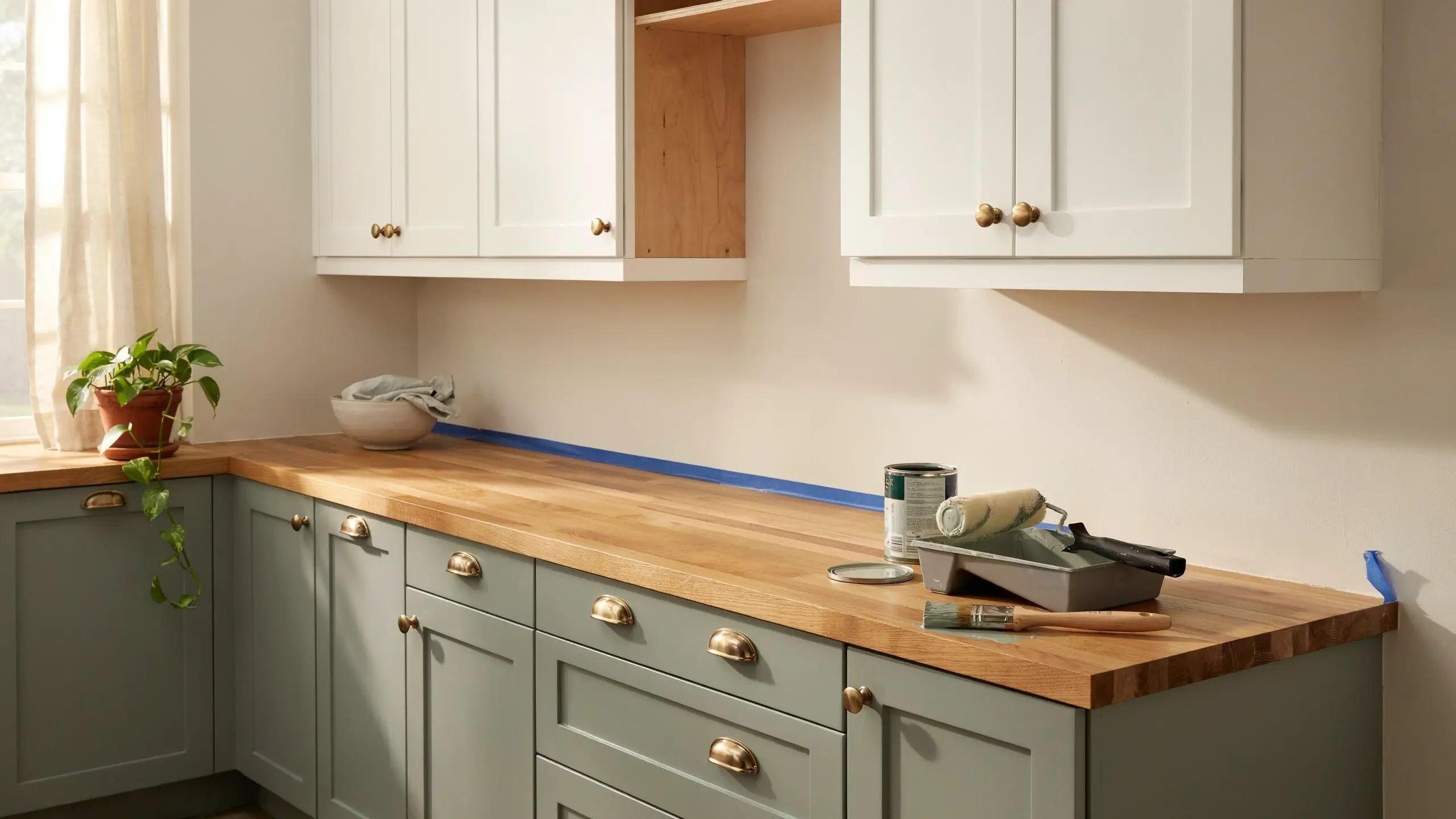 Sage green lower kitchen cabinets being painted with brass hardware, white upper cabinets, butcher block countertops, and blue painter's tape during a DIY home renovation.