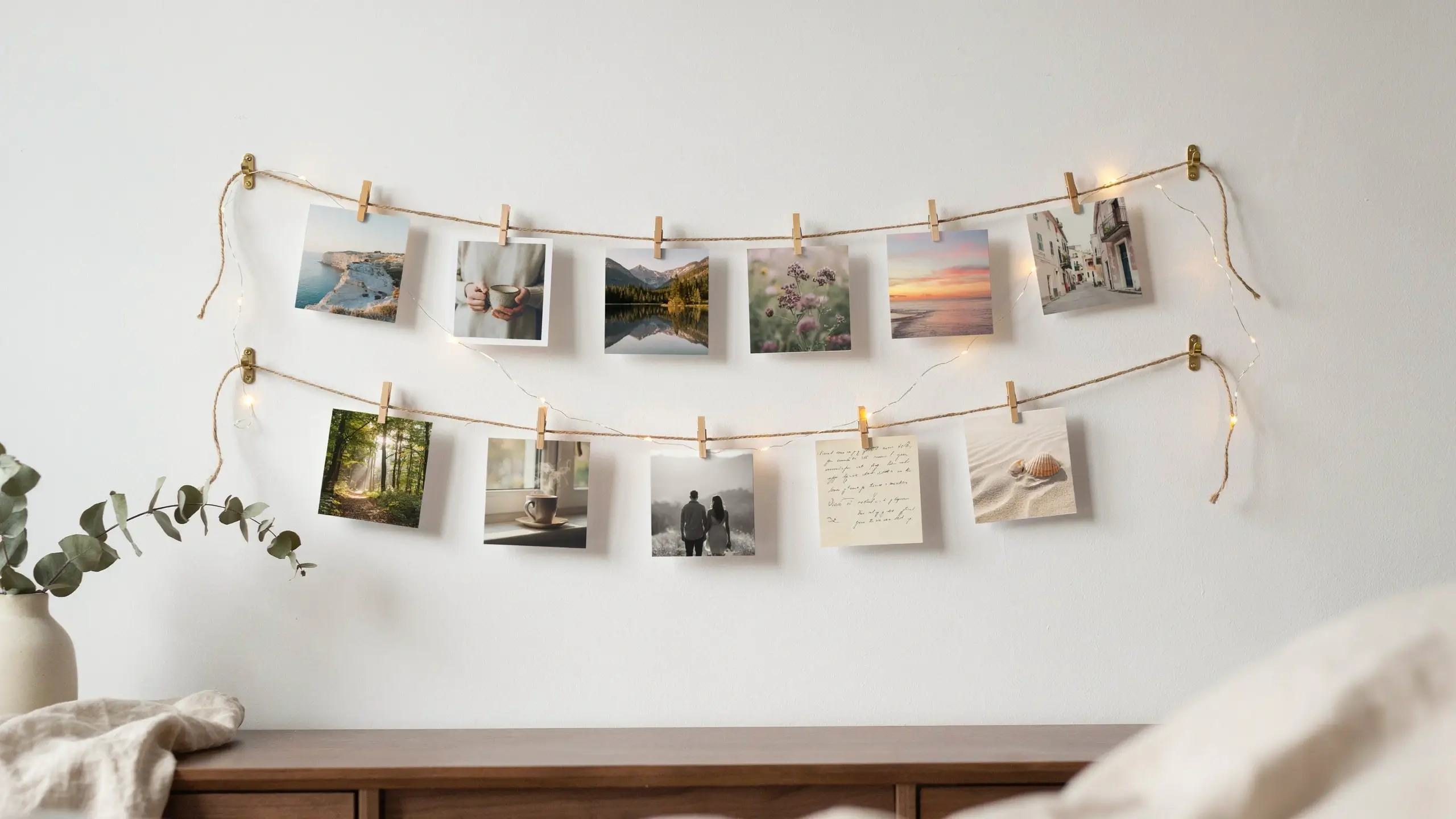 A DIY photo memory string hanging on a white wall using command hooks and rustic twine, featuring a curated collection of travel and landscape polaroid prints clipped with wooden pegs and intertwined with warm fairy lights, displayed above a wooden dresser.