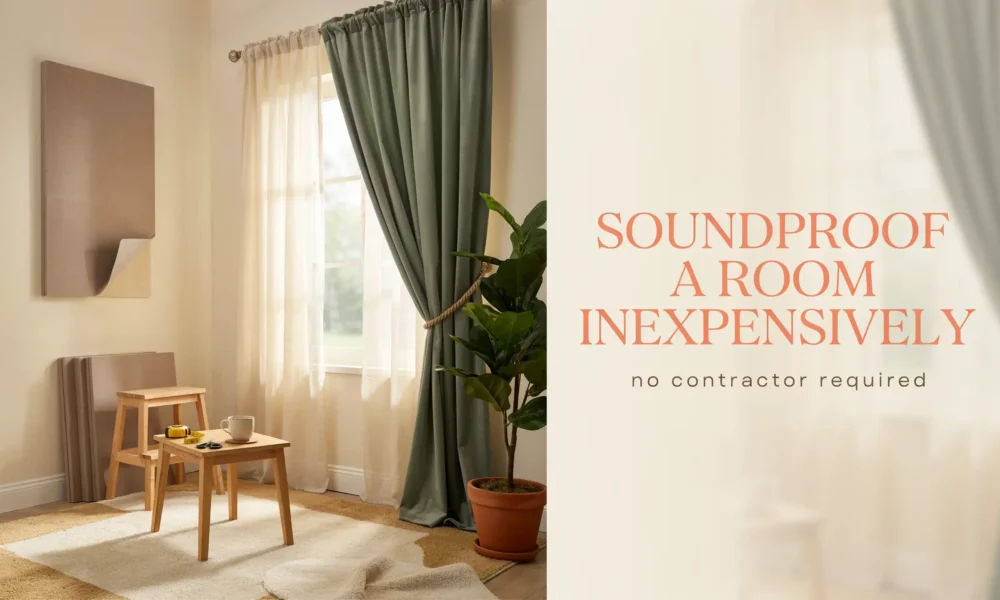 A cozy, well-lit living room featuring affordable DIY soundproofing solutions, including beige acoustic panels mounted on the wall, spare panels on the floor, and heavy green sound-dampening curtains, demonstrating how to soundproof a room inexpensively without a contractor.
