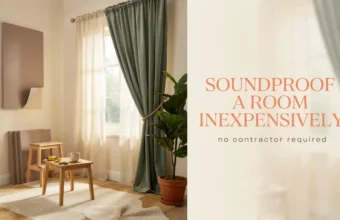 A cozy, well-lit living room featuring affordable DIY soundproofing solutions, including beige acoustic panels mounted on the wall, spare panels on the floor, and heavy green sound-dampening curtains, demonstrating how to soundproof a room inexpensively without a contractor.