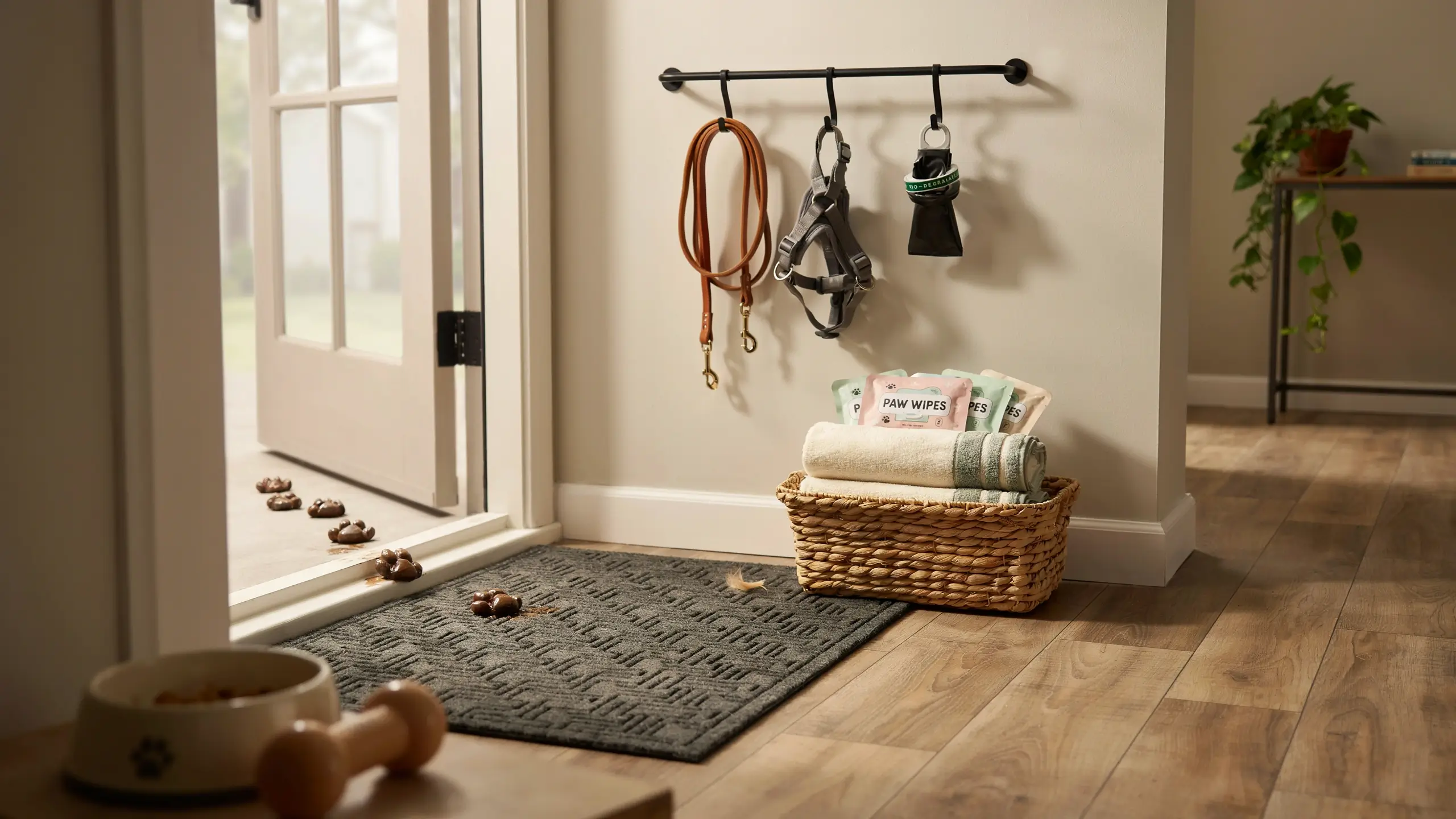Muddy dog paw prints near a white glass door leading into a tidy pet cleaning station, featuring a wall-mounted leather leash and harness rack, a woven basket of travel paw wipes and striped towels, and a dog food bowl with a chew toy in the foreground.