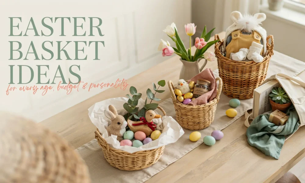 Curated Easter basket ideas for every age and budget: woven wicker baskets with pastel eggs, stuffed bunny, baby clothing, fresh tulips, and a canvas tote bag styled on a wooden table.