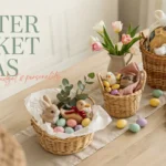 Curated Easter basket ideas for every age and budget: woven wicker baskets with pastel eggs, stuffed bunny, baby clothing, fresh tulips, and a canvas tote bag styled on a wooden table.