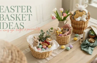 Curated Easter basket ideas for every age and budget: woven wicker baskets with pastel eggs, stuffed bunny, baby clothing, fresh tulips, and a canvas tote bag styled on a wooden table.