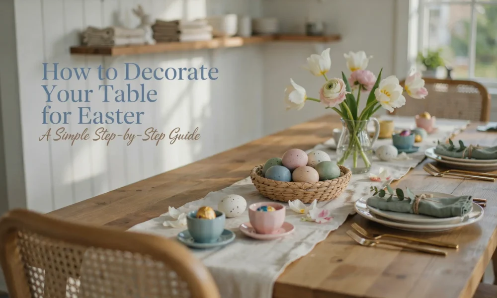 Easter table setting with pastel eggs, white tulips, sage green napkins, and gold flatware in a sunlit dining room, featuring text overlay "How to Decorate Your Table for Easter