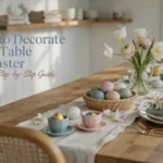 Easter table setting with pastel eggs, white tulips, sage green napkins, and gold flatware in a sunlit dining room, featuring text overlay "How to Decorate Your Table for Easter