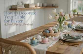 Easter table setting with pastel eggs, white tulips, sage green napkins, and gold flatware in a sunlit dining room, featuring text overlay "How to Decorate Your Table for Easter