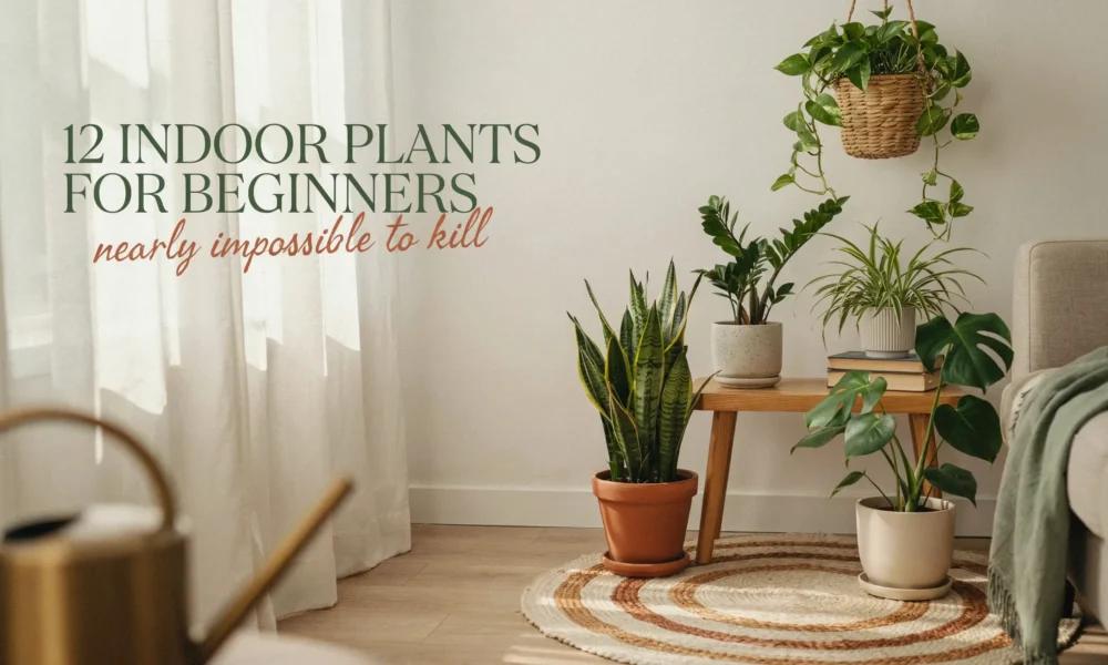 Collection of easy indoor plants for beginners, nearly impossible to kill, featuring snake plant, monstera, and pothos in a bright modern living room.