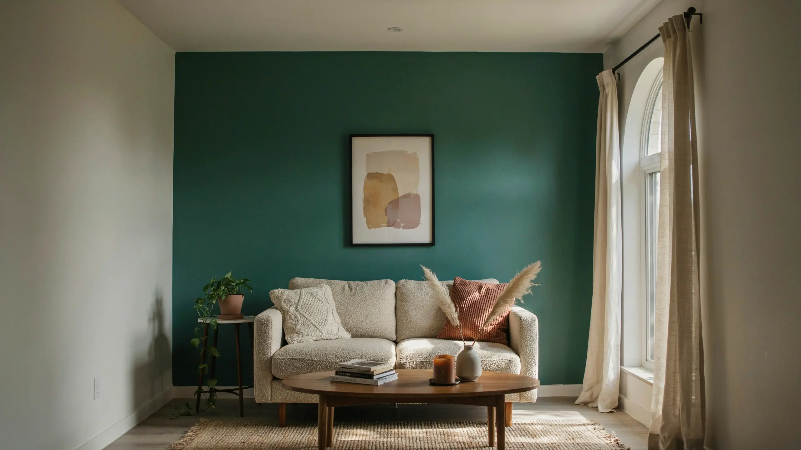 A cozy living room with a bold emerald green accent wall, a textured beige boucle sofa, and earthy decor, demonstrating how to use a single bold wall instead of painting all four