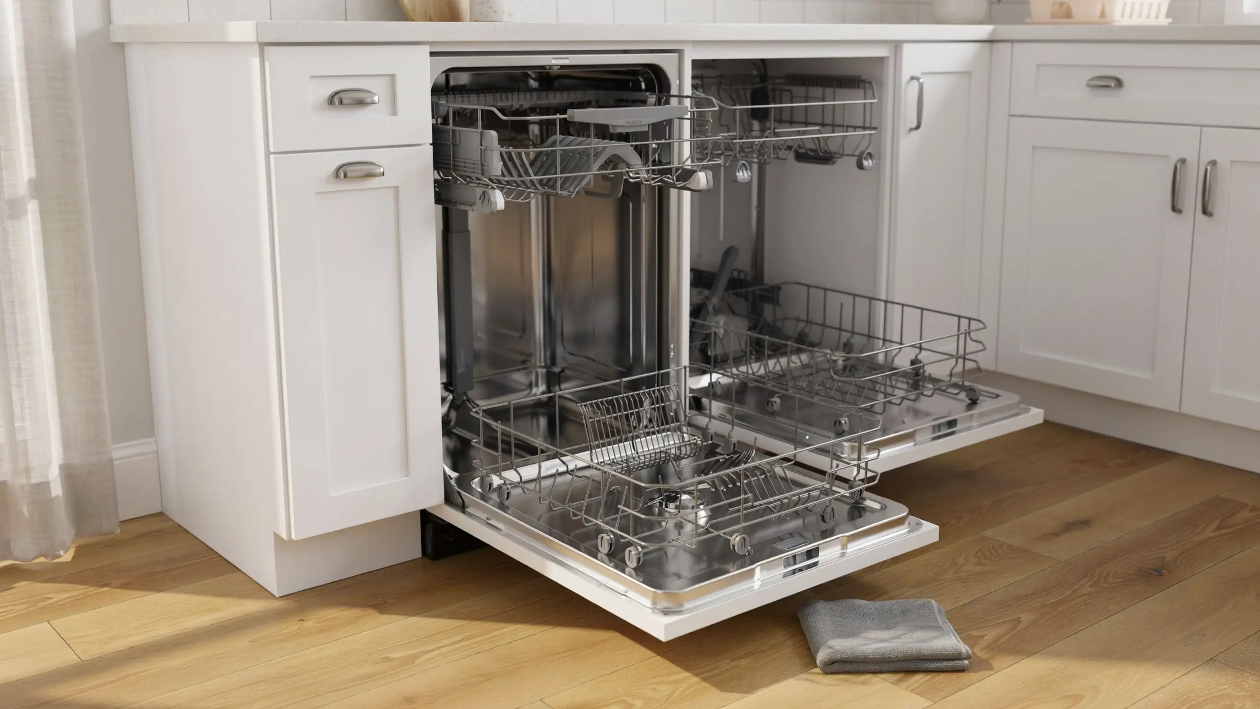 Open and completely empty stainless steel dishwasher with both top and bottom wire racks fully extended in a bright modern white kitchen, ready for loading the next set of dishes.