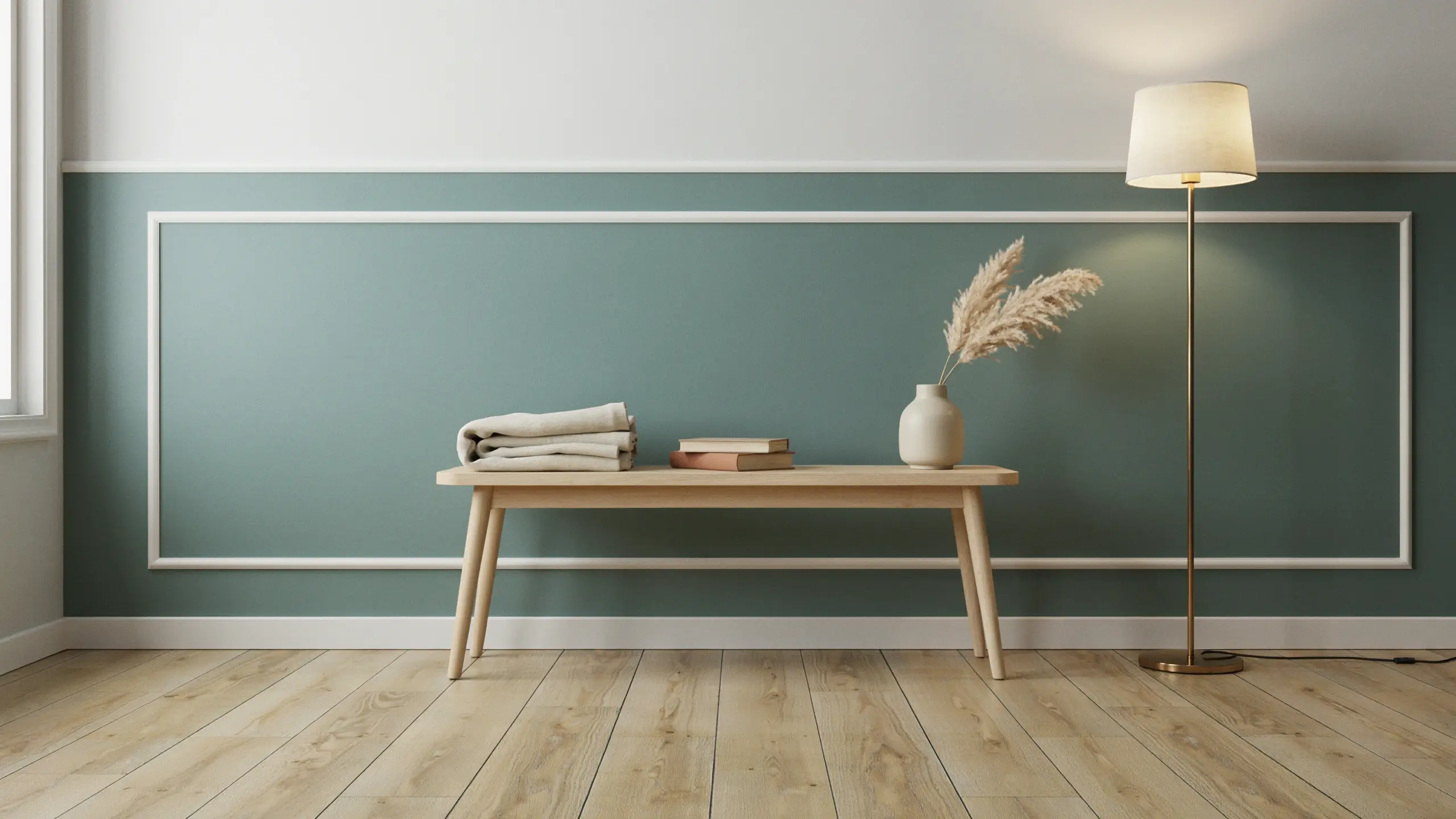 A minimalist interior scene featuring a light wood bench holding folded towels, stacked books, and a ceramic vase with pampas grass, all set against a sage green wall decorated with white fake architectural molding and panel trim.