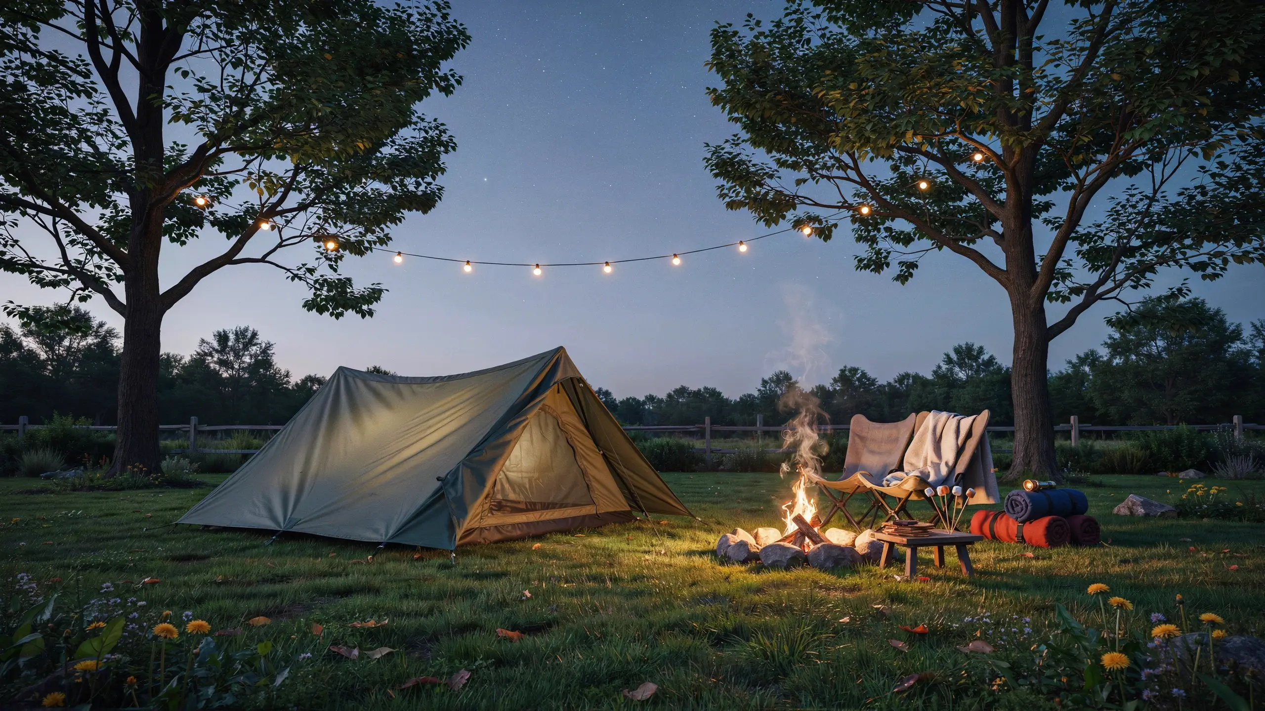 Cozy family backyard camping night featuring a green A-frame tent, a crackling wood campfire, glowing string lights, and folded blankets on chairs under a starry twilight sky.