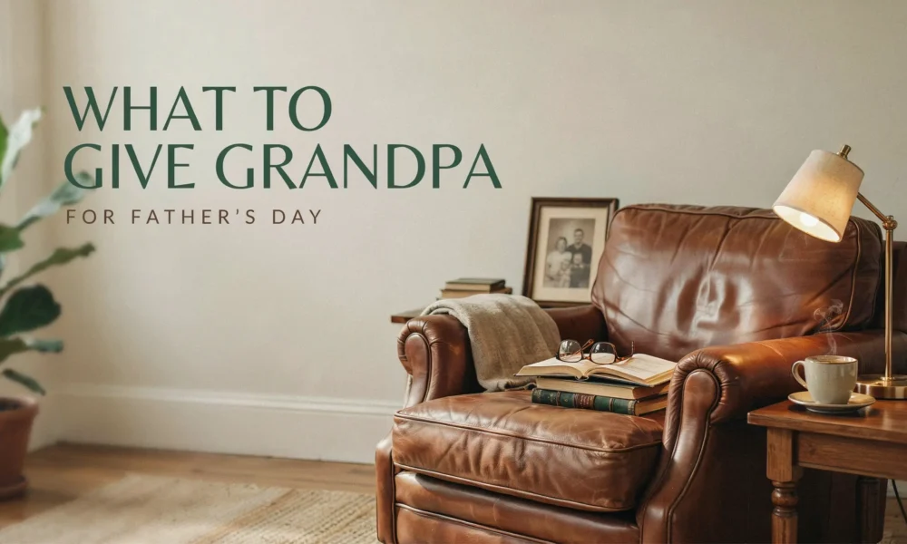 A warm, inviting leather armchair with reading glasses, books, and coffee, perfectly illustrating thoughtful Father's Day gift ideas for Grandpa.