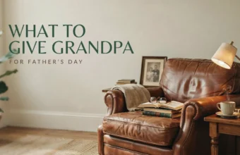 A warm, inviting leather armchair with reading glasses, books, and coffee, perfectly illustrating thoughtful Father's Day gift ideas for Grandpa.