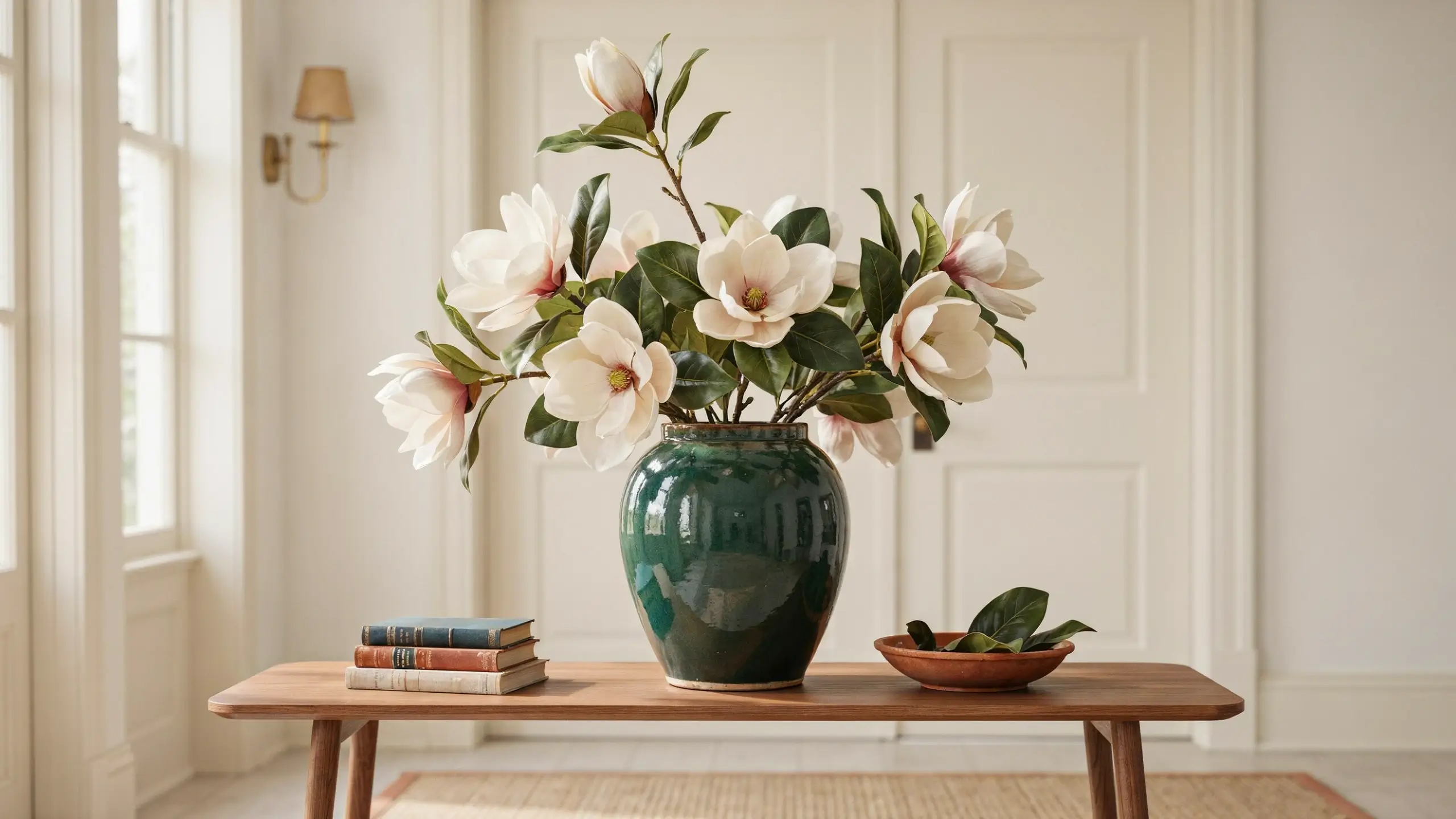 An elegant arrangement of artificial magnolia branches featuring large white blooms and broad green leaves placed in a glossy dark green ceramic vase on a wooden entryway table with vintage books and a small terracotta dish for home styling.