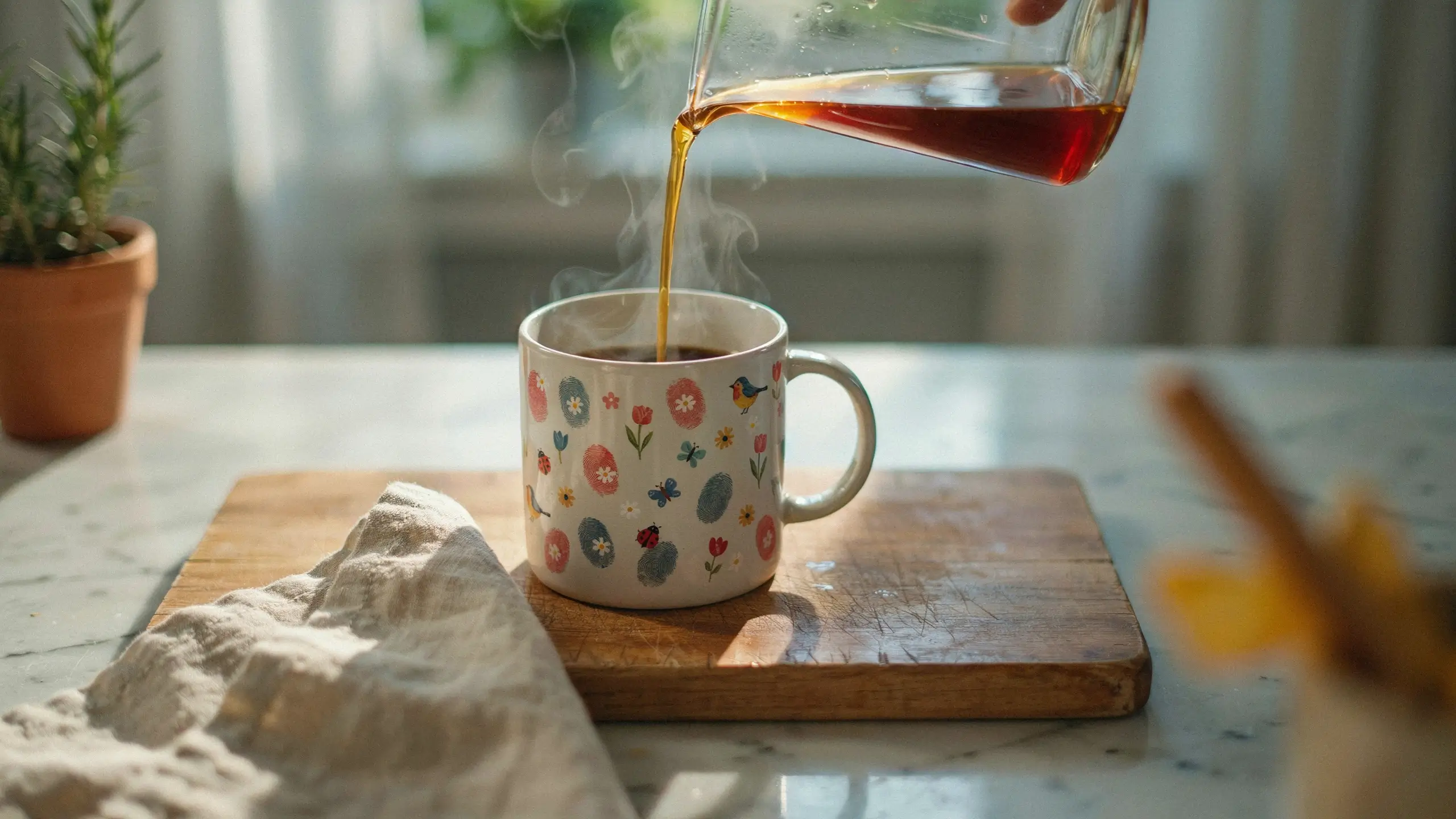 Fingerprint coffee mug with spring floral and egg patterns, filled with hot brew, sitting on a wooden board as steam rises during a morning pour. 