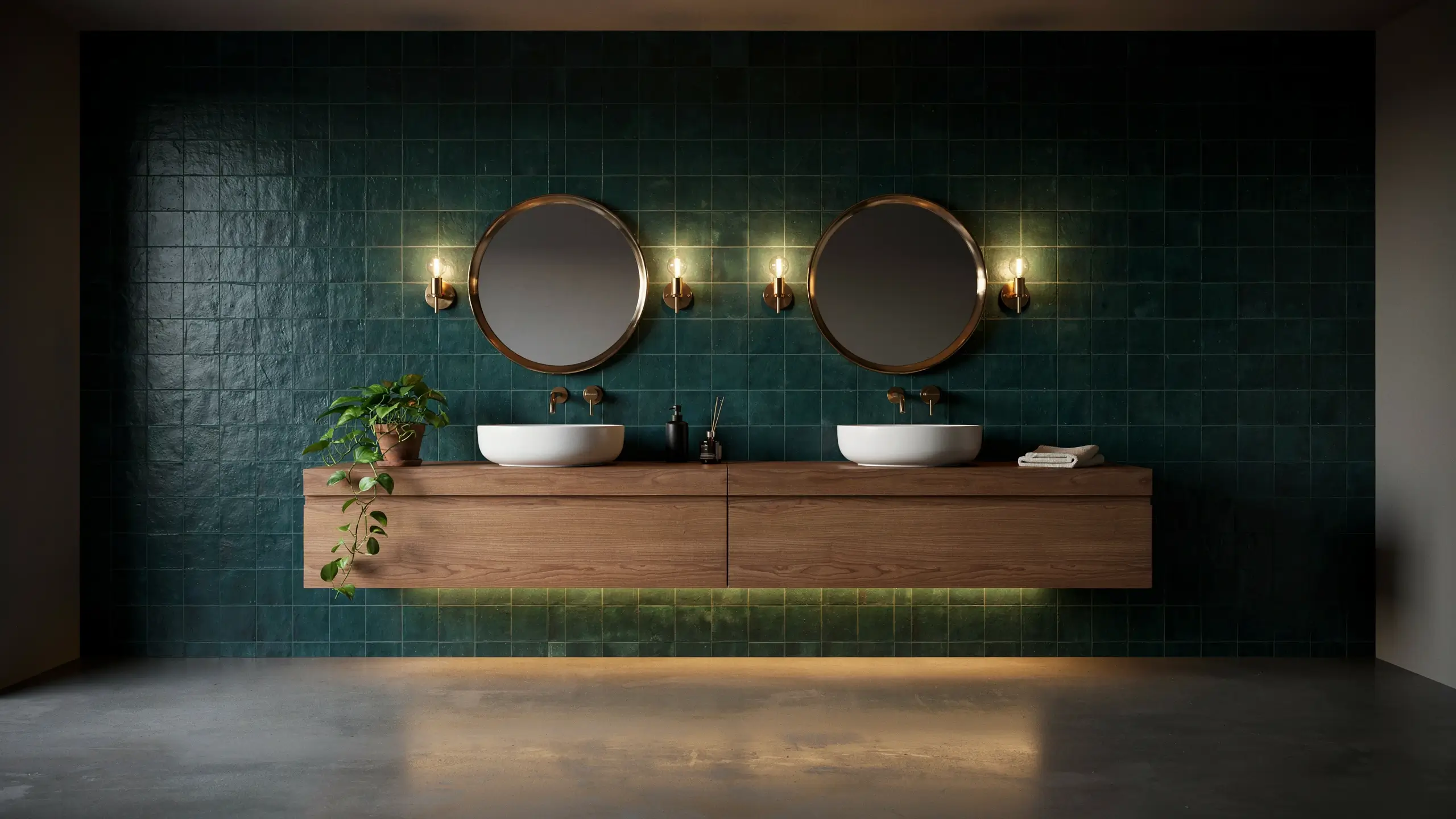 Modern bathroom interior featuring a floating wooden double vanity against an emerald green tiled wall, accented with round brass mirrors and under-cabinet lighting.