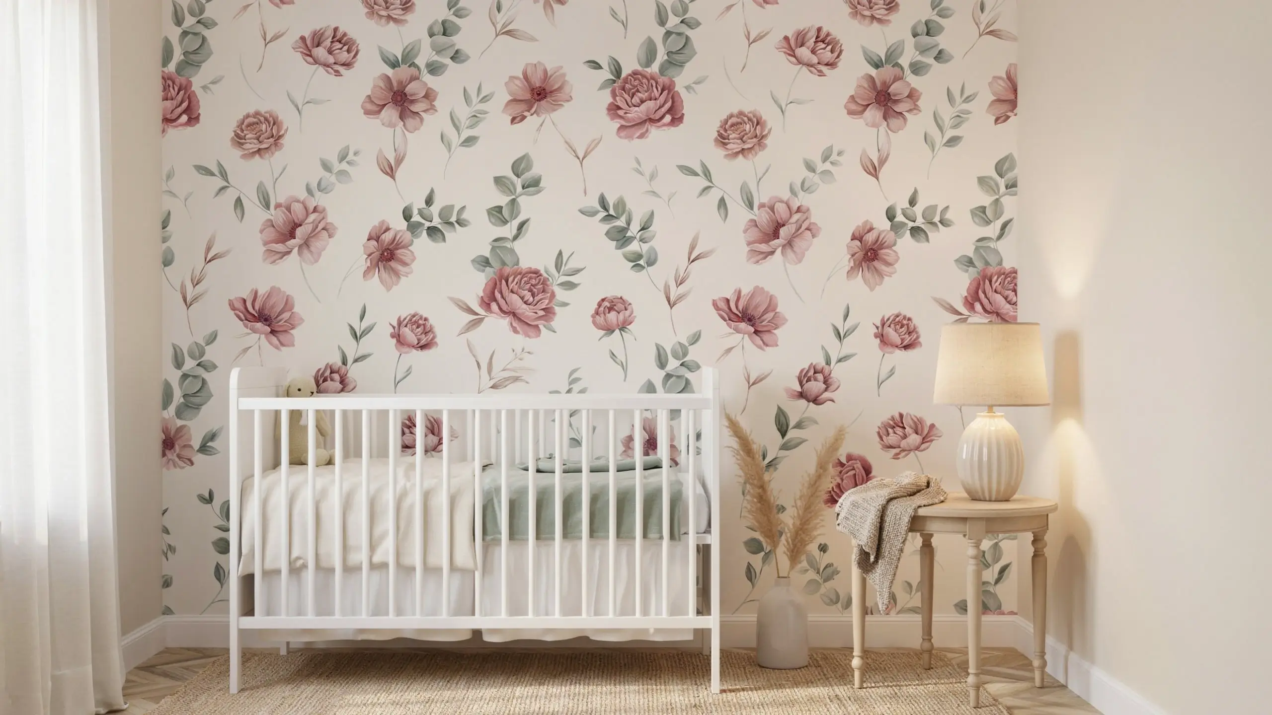 A cozy baby nursery featuring a white wooden crib against a soft cream statement wall covered in watercolor floral wallpaper with dusty pink roses and sage green leaves.