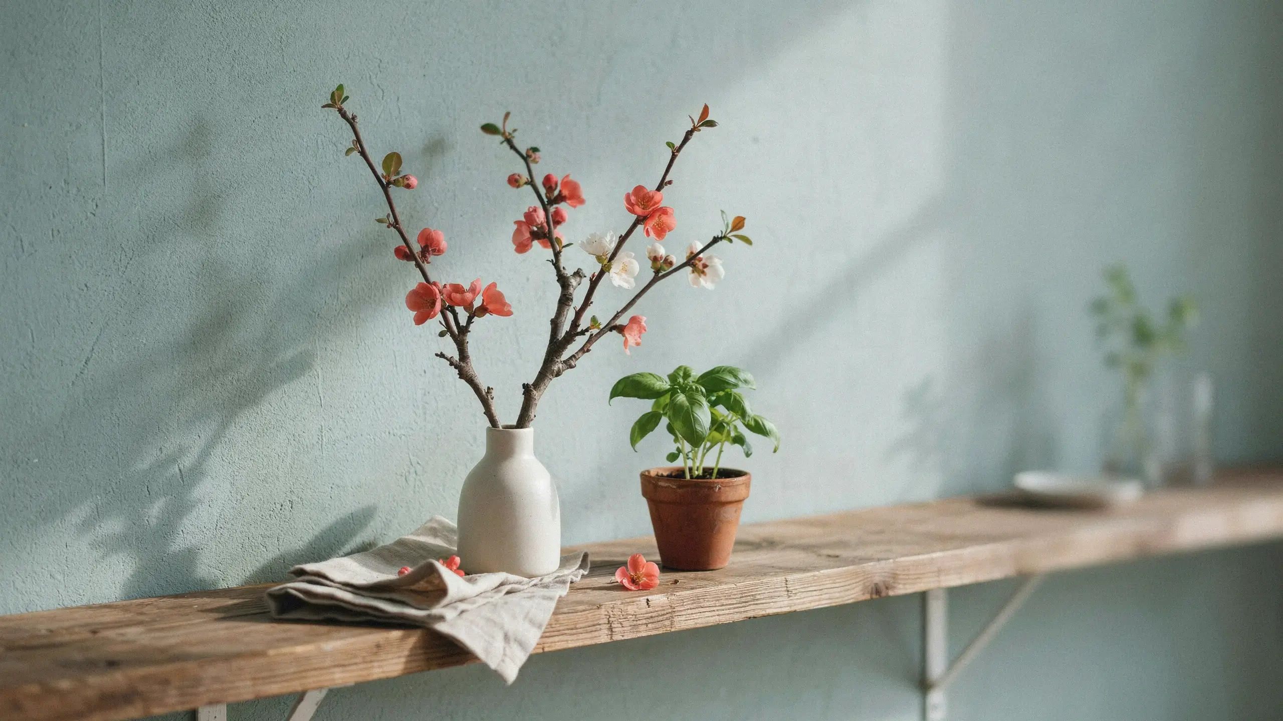 White ceramic vase holding a blooming flowering quince branch with coral-pink flowers and buds, sitting on a rustic wooden shelf next to a small potted green basil plant in a terracotta pot, with soft natural light casting gentle shadows across a textured teal wall.